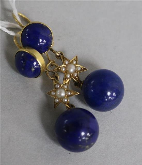 A pair of early 20th century gold, seed pearl and lapis lazuli drop earrings.
